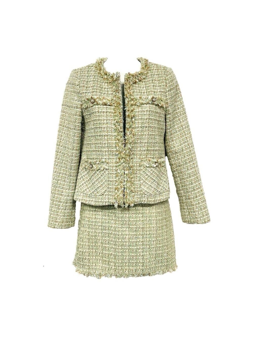 Tweed skirt suit XS Pearl buttons mint cream metallic Old Money